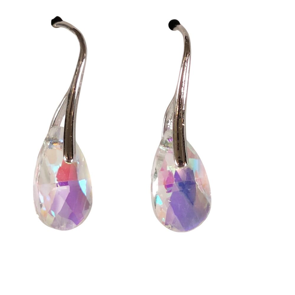 Aurora Borealis Crystal Teardrop Dangle Earrings Silver Tone 1.5" long